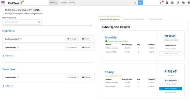 shows what the subscription page will look like after successfully completing the subscription process to OutSmart EMR